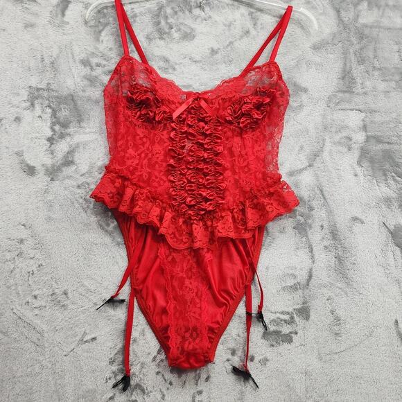 Unbranded Other - Vintage 80s Teddy Womens L Red Satin Ribbon Lace Ruffled Teddy Bodysuit Garters